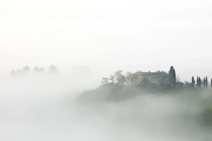 Framed Print : Villa in the mist at sunrise, San Quirico d Orcia, Val d Orcia, UNESCO World Heritage Site Framed Print : Villa in the mist at sunrise, San Quirico d Orcia, Val d Orcia, UNESCO World Heritage Site