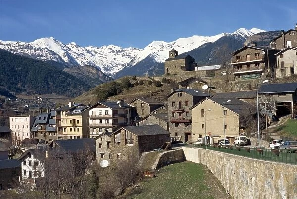 The village of Anyos with the Arcalis mountains beyond in Andorra, Europe