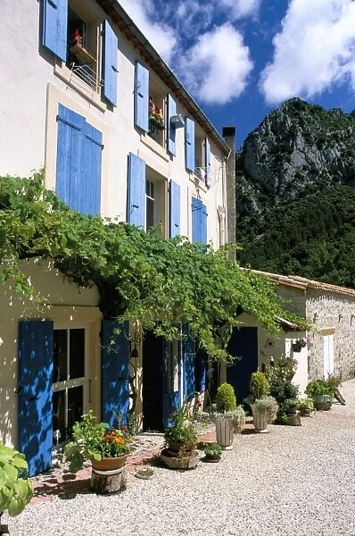 Village house with blue shutters, Lapradelle-Puilaurens, Aude, Languedoc-Roussillon