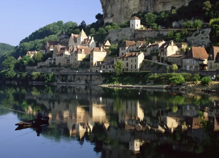 Framed Print : Village reflected in the water of the Dordogne River, Beynac, Dordogne Framed Print : Village reflected in the water of the Dordogne River, Beynac, Dordogne
