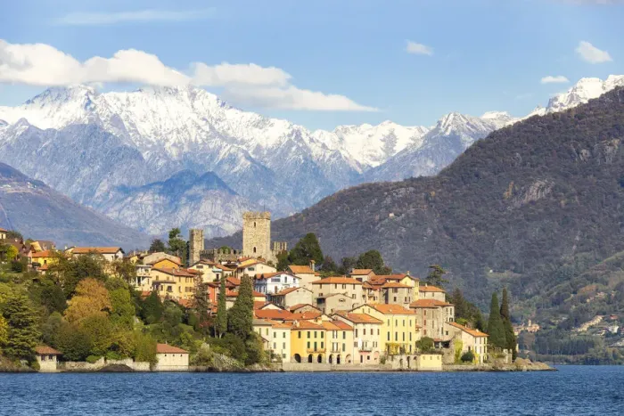 Framed Print : Village of Rezzonico with snowcapped mountains in the background, Lake Como, Lombardy Framed Print : Village of Rezzonico with snowcapped mountains in the background, Lake Como, Lombardy