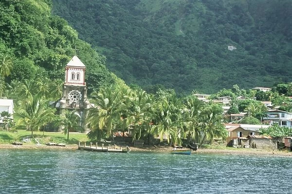 Village of Soufriere and church from the sea