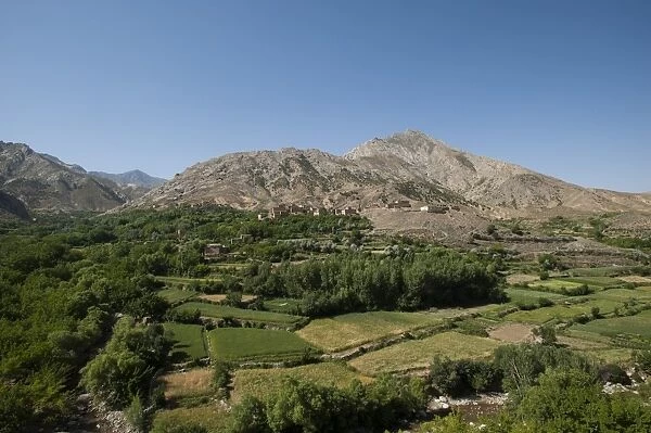 A village and terraced fields of wheat and potatoes in the Panjshir valley in Afghanistan