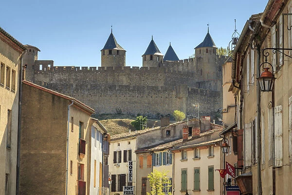Ville Basse, with view to historic city ramparts, Carcassonne, UNESCO World Heritage Site