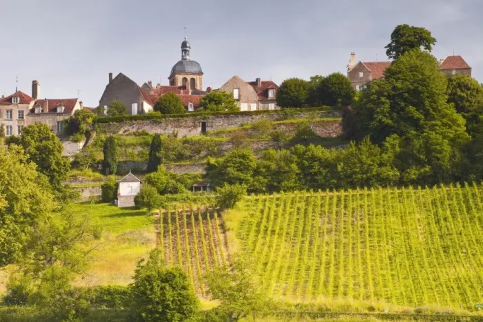 Framed Print : The vineyards of Le Clos below the hilltop village of Vezelay in Burgundy, France, Europe Framed Print : The vineyards of Le Clos below the hilltop village of Vezelay in Burgundy, France, Europe