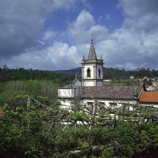 Vinho Verde vineyards and village church, Ponte da Barca, Minho, Portugal, Europe