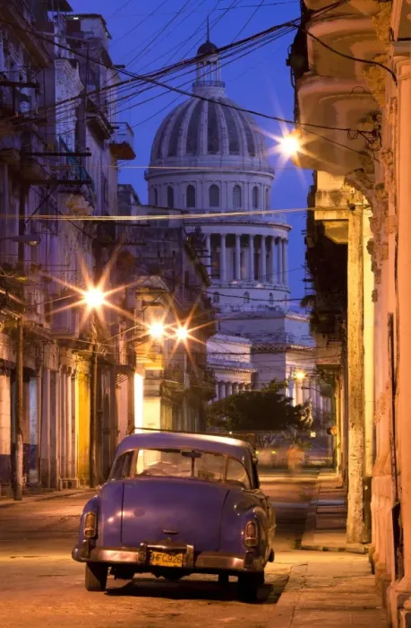 Framed Print : Vintage American car parked on floodlit street with The Capitolio in the background, predawn, Havana Centro, Cuba, West Indies, Central America Framed Print : Vintage American car parked on floodlit street with The Capitolio in the background, predawn, Havana Centro, Cuba, West Indies, Central America