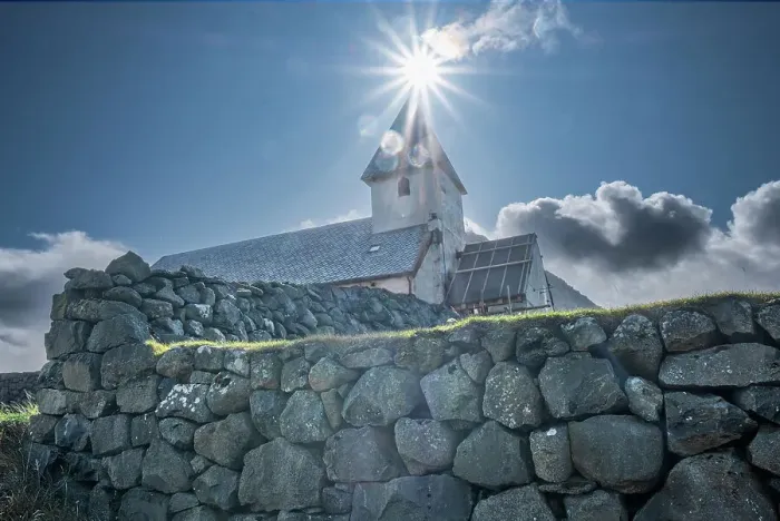 Framed Print : Vioareioi Church and the sun aligned with bell tower, Faroe Islands, Denmark, North Atlantic, Europe Framed Print : Vioareioi Church and the sun aligned with bell tower, Faroe Islands, Denmark, North Atlantic, Europe