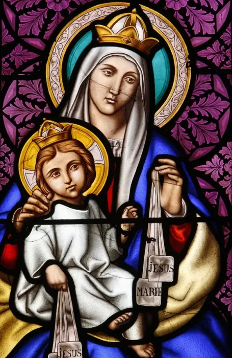 Framed Print : Virgin and Child on Mount Carmel, stained glass in Pont L Abbe church Framed Print : Virgin and Child on Mount Carmel, stained glass in Pont L Abbe church