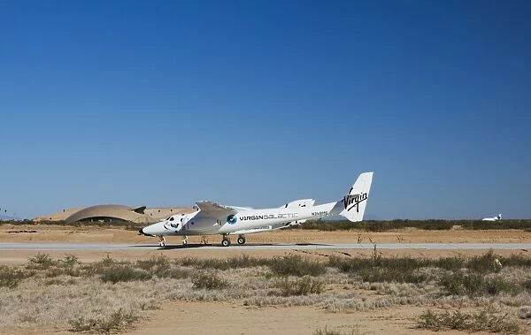 Virgin Galactics White Knight 2 with Spaceship 2 on the runway at the Virgin Galactic Gateway spaceport, Upham, New Mexico, United States of America, North America