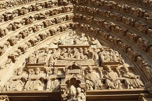 Virgins Gate tympanum, Western facade, Notre Dame Cathedral, Paris, France, Europe