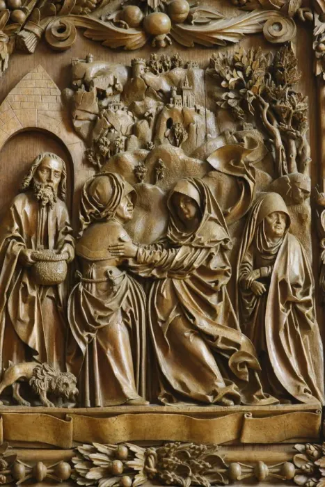 Framed Print : Detail of the Visitation of the Blessed Virgin Mary on the carved altar, dating from 1509 Framed Print : Detail of the Visitation of the Blessed Virgin Mary on the carved altar, dating from 1509