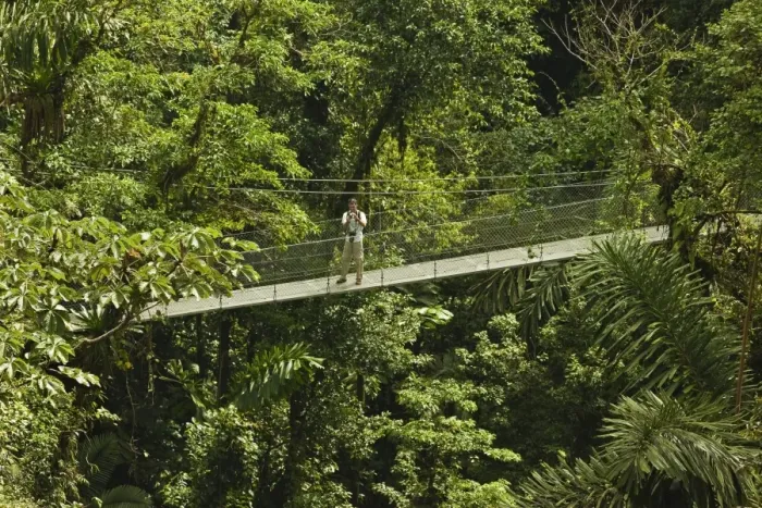 Framed Print : Visitor at Arenal Hanging Bridges where rainforest canopy is accessed via walkways, La Fortuna, Alajuela Province, Costa Rica, Central America