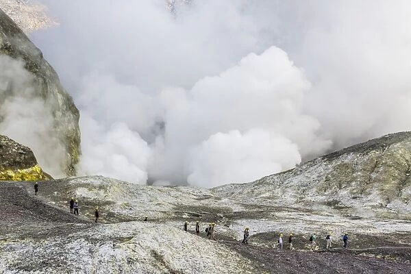 Visitors at an active andesite stratovolcano on White Island, North Island, New Zealand, Pacific