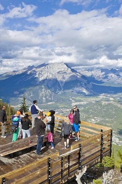 Visitors on a viewing platform on Sulphur Mountain summit overlooking Banff National Park, UNESCO World Heritage Site, Alberta, The Rockies, Canada, North America