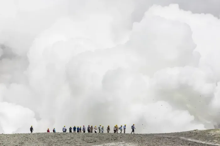 Framed Print : Visitors watching mud being ejected from the caldera floor of an active andesite stratovolcano on White Island, North Island, New Zealand, Pacific Framed Print : Visitors watching mud being ejected from the caldera floor of an active andesite stratovolcano on White Island, North Island, New Zealand, Pacific