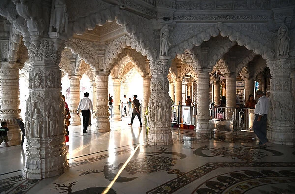 Visitors to the white marble Swaminarayan temple, built following the 2001 earthquake