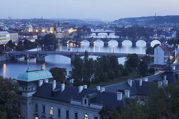 Vltava River with the bridges, Charles Bridge, UNESCO World Heritage Site, and the Old Town with Old Town Bridge Tower, Prague, Bohemia, Czech Republic