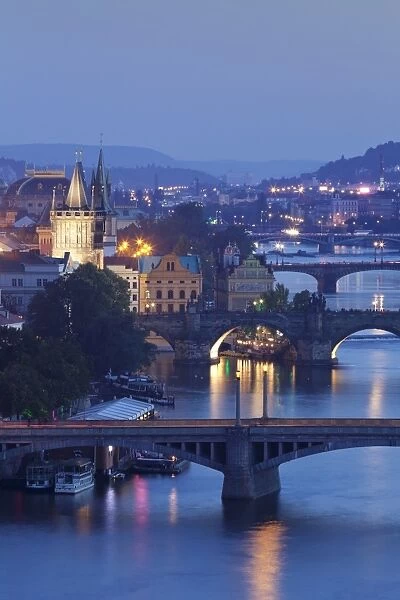 Vltava River with the bridges, Charles Bridge and the Old Town Bridge Tower, UNESCO World Heritage Site, Prague, Bohemia, Czech Republic, Europe