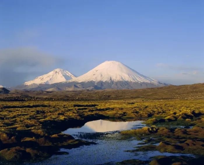 Framed Print : Volcan Parinacota and Volcan Pomerape, Lauca National Park, Chile, South America
