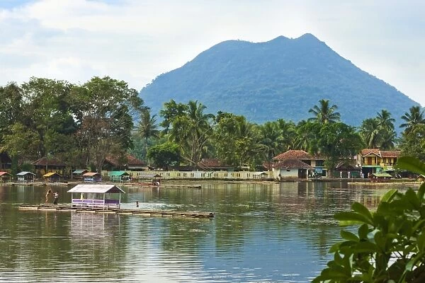 Volcanic cone and Situ Cangkuang lake by this village, known for its Hindu temple, Kampung Pulo, Garut, West Java, Indonesia, Southeast Asia, Asia
