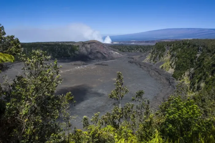 Framed Print : Volcanic crater before the smoking Kilauea Summit Lava Lake in the Hawaii Volcanoes National Park, UNESCO World Heritage Site, Big Island, Hawaii, United States of America, Pacific