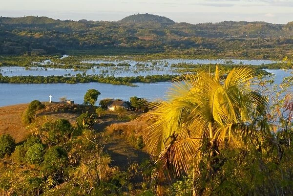 Volcanic lake and the coast of Nosy Be from Mont Passot, Madagascar, Indian Ocean, Africa