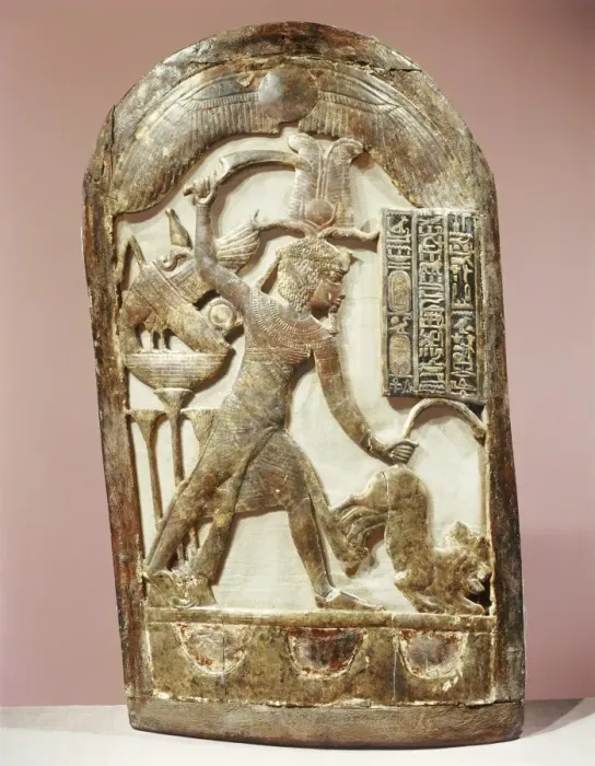 Framed Print : Votive shield showing the king slaying two lions, from the tomb of the pharaoh Tutankhamun Framed Print : Votive shield showing the king slaying two lions, from the tomb of the pharaoh Tutankhamun