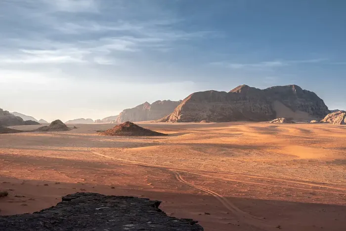 Framed Print : Wadi Rum plain at sunrise with soft light over the sand dunes and mountains, UNESCO World Heritage Site, Jordan, Middle East Framed Print : Wadi Rum plain at sunrise with soft light over the sand dunes and mountains, UNESCO World Heritage Site, Jordan, Middle East