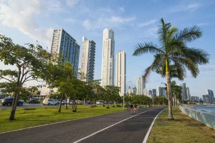 Framed Print : Walkway and the skyline of Panama City, Panama, Central America Framed Print : Walkway and the skyline of Panama City, Panama, Central America