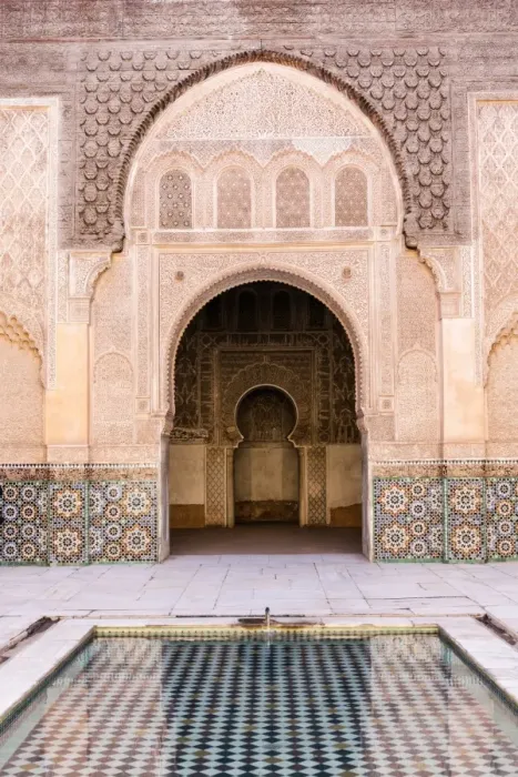 Framed Print : Wall of Ben Youssef Madrasa (ancient Islamic college) with reflection in pool of water Framed Print : Wall of Ben Youssef Madrasa (ancient Islamic college) with reflection in pool of water