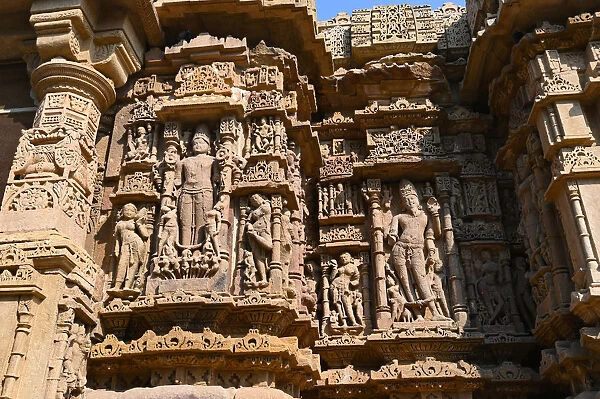 Wall of ornately carved Modhera Sun temple, built in 1026 by Bhima of Chaulukya dynasty