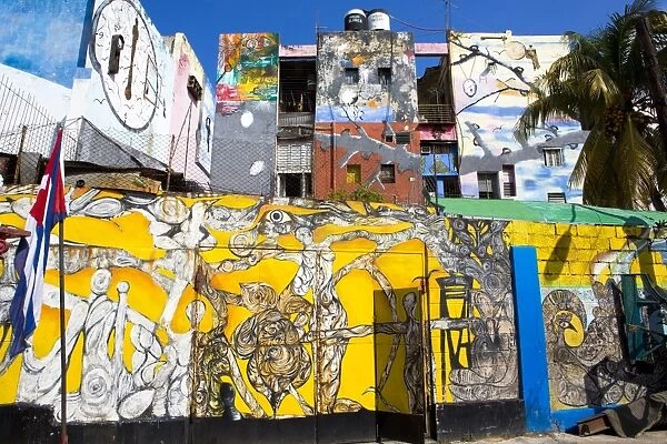 Walls painted with Afro-Caribbean art, Callejon de Hamel, a neighborhood in Havana, Cuba, West Indies, Central America