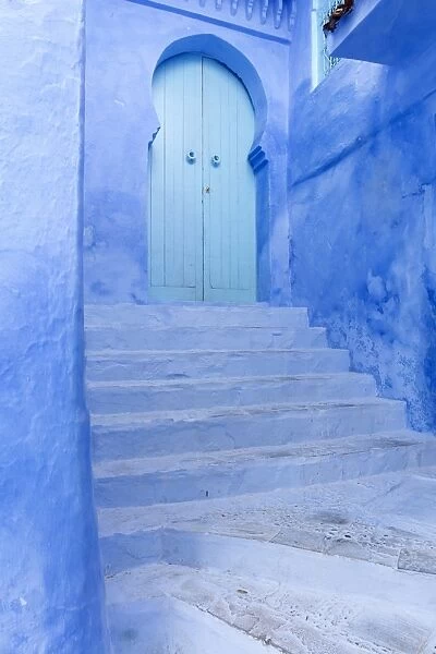 Walls and steps in the old town of Chefchaouen (Chaouen) (The Blue City), Morocco