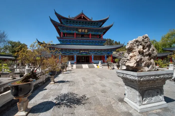 Framed Print : Wanjuan Pavilion at Mufu Wood Mansion with lined up potted bonsai and rocks, Lijiang, Yunnan, China, Asia Framed Print : Wanjuan Pavilion at Mufu Wood Mansion with lined up potted bonsai and rocks, Lijiang, Yunnan, China, Asia