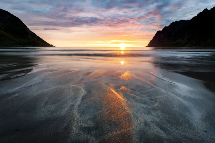 Framed Print : Warm lights of sunset reflecting on sand at Ersfjord beach, Senja island, Troms county Framed Print : Warm lights of sunset reflecting on sand at Ersfjord beach, Senja island, Troms county
