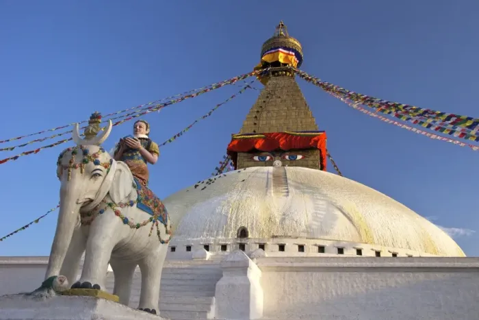 Framed Print : Warrior on elephant guards the north side of Boudhanath Stupa, UNESCO World Heritage Site, Kathmandu, Nepal, Asia Framed Print : Warrior on elephant guards the north side of Boudhanath Stupa, UNESCO World Heritage Site, Kathmandu, Nepal, Asia