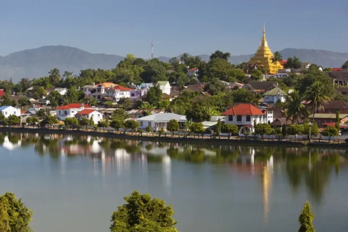 Framed Print : Wat Jong Kham and colonial era buildings on Naung Tung Lake, Kengtung, Shan State, Myanmar (Burma), Asia