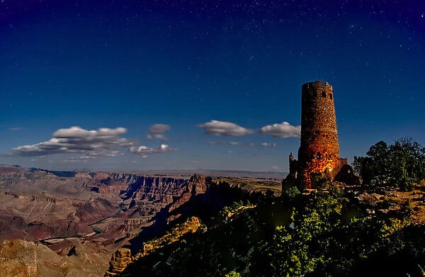 Watch Tower on South Rim of Grand Canyon illuminated by moonlight, Grand Canyon National