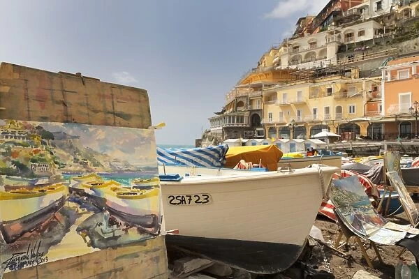 Water colour painting of traditional fishing boats and the colourful town of Positano on the Amalfi Coast. UNESCO World Heritage Site, Campania, Italy, Europe