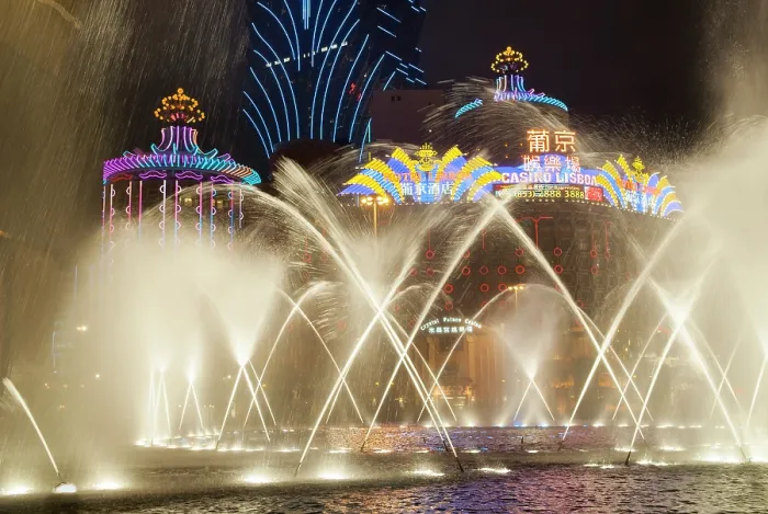 Framed Print : Water jets show with casinos background, Macau, Special Administrative Region, China, Asia Framed Print : Water jets show with casinos background, Macau, Special Administrative Region, China, Asia