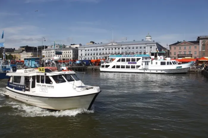 Framed Print : Water taxi and harbour cruise ferry, with City Hall and market place, South Harbour Esplanade