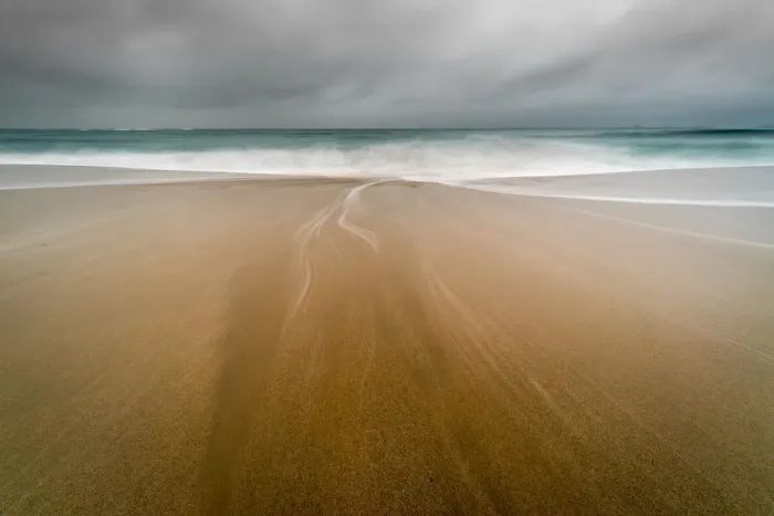 Framed Print : Water trails on Sennen Beach, with Brissons in far distance, Sennen, Cornwall, England Framed Print : Water trails on Sennen Beach, with Brissons in far distance, Sennen, Cornwall, England