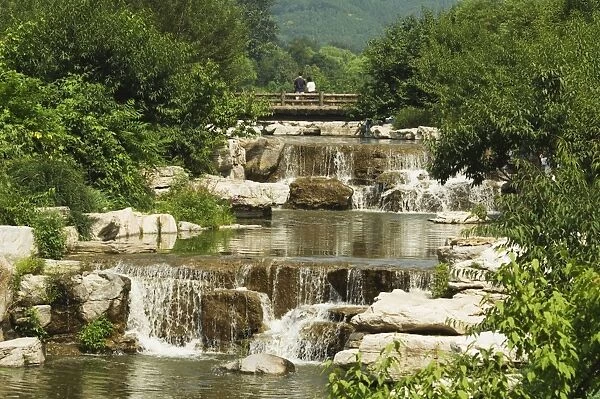 Waterfall feature at Beijing Botanical Gardens, Beijing, China, Asia