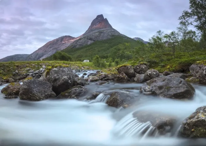 Framed Print : Waterfall frames the Stetinden mountain peak illuminated by midnight sun, Tysfjord Framed Print : Waterfall frames the Stetinden mountain peak illuminated by midnight sun, Tysfjord