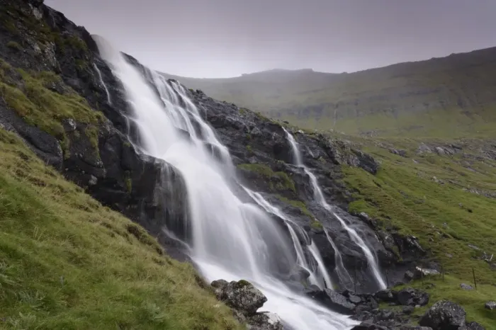 Framed Print : Waterfall, Laksa river near Hellur, Eysturoy Island, Faroe Islands (Faroes)
