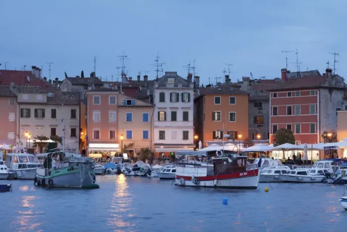 Framed Print : Waterfront and harbour with ships and boats at dusk, Rovinj, Istria, Croatia, Europe Framed Print : Waterfront and harbour with ships and boats at dusk, Rovinj, Istria, Croatia, Europe