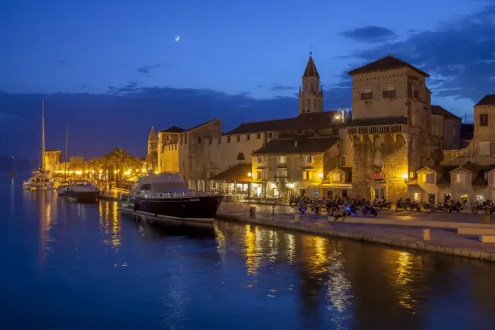 Framed Print : Waterfront lit up at dusk, Trogir, UNESCO World Heritage Site, Dalmatian Coast, Croatia, Europe Framed Print : Waterfront lit up at dusk, Trogir, UNESCO World Heritage Site, Dalmatian Coast, Croatia, Europe