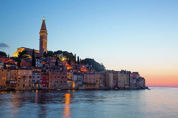 Waterfront and Tower of Church of St. Euphemia in the evening, Old Town, Rovinj, Croatia, Europe