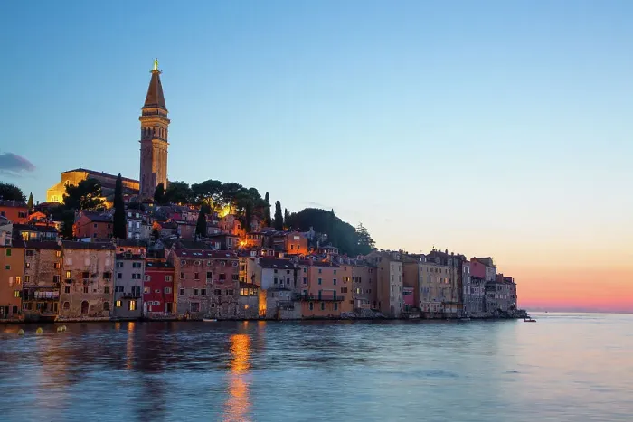 Framed Print : Waterfront and Tower of Church of St. Euphemia in the evening, Old Town, Rovinj, Croatia, Europe Framed Print : Waterfront and Tower of Church of St. Euphemia in the evening, Old Town, Rovinj, Croatia, Europe